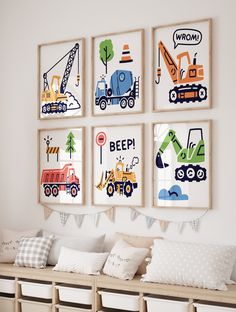 a set of four framed pictures on the wall above a bench with storage bins