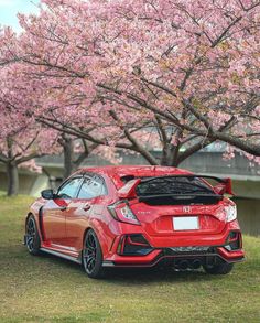 a red car parked in front of some trees with pink flowers on it's branches