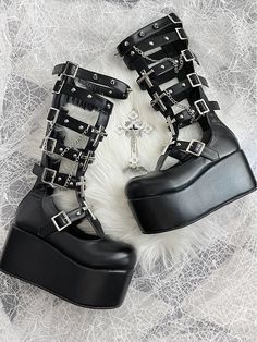 Silver-tone Studs Crossthorn Metal Cross Decoration Platforms Boots Cross Boots, White Platform Boots, Platforms Boots, Goth Platforms, Black Platforms, Goth Shoes, Punk Shoes, Dr Shoes, Black Platform Boots