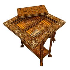 an intricately designed wooden table with tile on it's top and bottom shelf