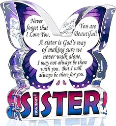 a purple and white butterfly with the words sister on it's wings, sitting in front of a white background