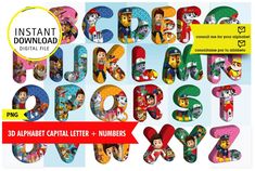 the alphabet is made up of cartoon characters and letters with numbers to match them in each letter