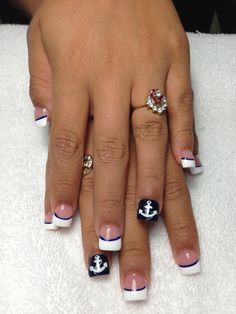 Simple French with a line to separate the tips and show off the ring finger with an anchor! French Manicure Designs Navy Blue, Cruise Nails Caribbean, Anchor Nail Designs, Navy Bootcamp, Deployment Ideas