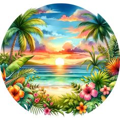 a tropical sunset with palm trees and flowers