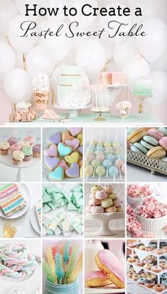 a collage of pastel sweet treats and desserts with balloons in the background