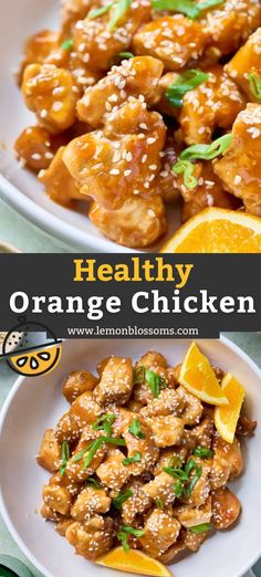 healthy orange chicken with sesame seeds on top and an orange slice in the foreground