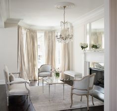 a collage of photos with chairs, chandelier and curtains in different rooms