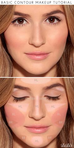 Start by applying a light foundation in the areas labeled “HL” to add highlights. Fill in the areas marked “BR” with a darker foundation (about 2 shades darker than your skin) to act as your bronzer. Finish off by applying blush in the area of the cheekbone marked “BL” and—voilà!—a perfect makeup look for any special occasion! Make Up Contouring, Basic Contour, Teknik Makeup, Makeup Contouring, Makeup Tutorial Foundation, Make Up Tutorials, How To Apply Blush