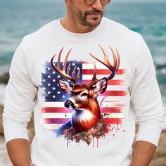 a man wearing a white sweatshirt with an american flag and deer on it