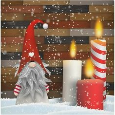 a painting of a gnome sitting in the snow next to two candles and a santa hat