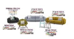 the furniture is all different colors and sizes