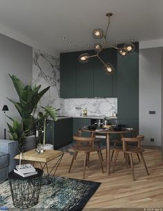 a living room filled with furniture next to a kitchen and dining room table in front of a window