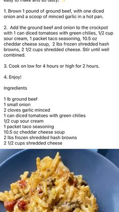 the instructions for making macaroni and cheese casserole on a blue plate