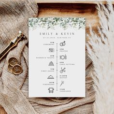 the wedding program is displayed on top of a piece of paper with scissors and other items