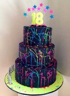 a three tiered birthday cake decorated with splatkles and the number eight