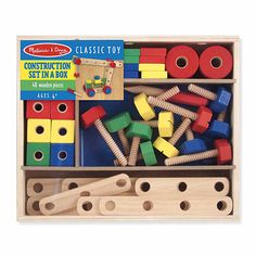 wooden construction set in a box