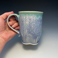 a hand holding a blue and white coffee cup with swirly designs on the inside