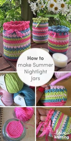 crocheted baskets are shown with yarn in them and the words, how to make summer night jars