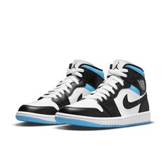 The women's Jordan 1 Mid University Black White (W) continues Jordan Brand’s love for UNC colorways. The sneaker consists of Black White and University Blue color blocking. Smooth, full grain black leather overlays make up the majority of the sneaker, while hits of University Blue leather on the collar add contrast. SKU: BQ6472-102 Release Date: 26 April 2021 Color: White/Black-University Blue Jordan 1 Blue, Wmns Air Jordan 1, Womens Air Jordans, Womens Jordans, Blue White And Black, University Blue, Air Jordan 1 Mid, Jordan 1 Mid, Air Jordan 1