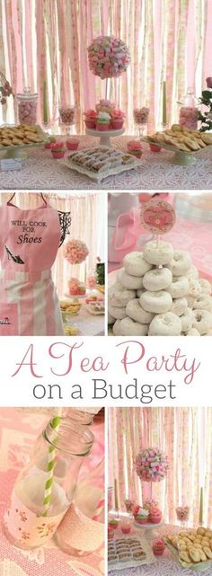 a tea party on a budget with pink and white desserts, cupcakes and cookies