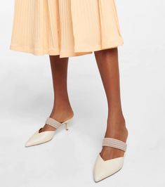 Malone Souliers - Maisie 45 leather mules | Mytheresa Luxury Kitten Heels For Spring, Woven Leather Pointed Toe Heels, Formal Woven Leather Mules, Elegant Flat Heel Mules With Heel Strap, Luxury Almond Toe Kitten Heels For Spring, Chic Woven Leather Mules For Spring, Chic Spring Mules With Woven Leather, Chic Slip-on Mules With Low Heel, Summer Leather Slip-on Kitten Heels