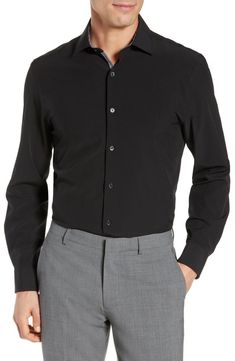 Free shipping and returns on Trim Fit Solid Performance Stretch Dress Shirt at Nordstrom.com. Performance fabric brings a host of bonus features to an impeccably styled trim-fit dress shirt detailed with houndstooth trim. Mens Preppy Outfits, Solid Dress Shirt, Athletic Dress, Performance Dresses, Business Tops, Shirt Detail, Fitted Dress Shirts, Mens Formal, Formal Shirts For Men