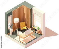 an aerial view of a living room and dining area in a small house with wooden slats on the walls