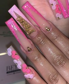 Pieces Nails, Hot Pink Birthday Nails Acrylic, Sweet Sixteen Nails Pink, Sweet 16 Acrylic Nails, Pink Sagittarius Nails, Birthday Nail Set Purple, Pink Nails Birthday Set, Pink Pisces Nails, Pink Acrylic Nails Birthday Set