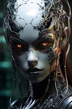 a futuristic woman with red eyes and silver hair