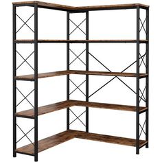 an industrial shelving unit with wooden shelves and metal bars on the bottom shelf, isolated against a white background