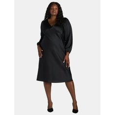 Gorgeous and glam, this Women's Plus Size Long Sleeve Peplum Dress from Nine.Eight will have you covered for any occasion. This pullover dress is crafted in a soft satin fabric that has a beautiful drape and features a flattering V-neck and a V-back with ties that adds just the right amount of drama. The long sleeves end in an elasticized bracelet cuff and peplum styling give a lovely feminine shape. Pair with your favorite heels or flats and you are all set. Only at Walmart. Size: 2X.  Color: B Plus Size Peplum Dress, Plus Size Summer Dresses, Breathable Clothes, Evening Dresses Online, Peplum Styling, Dress With Long Sleeves, Sleeveless Dress Summer, Satin Midi Dress, Eyelet Dress