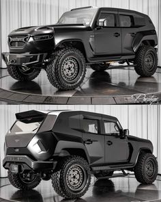 two pictures of the same vehicle in black and white, one is an off - road jeep