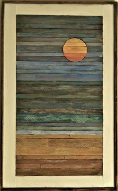 an abstract painting with wooden planks and a sun