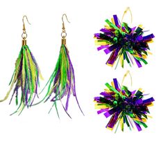 three pairs of earrings with different colored feathers