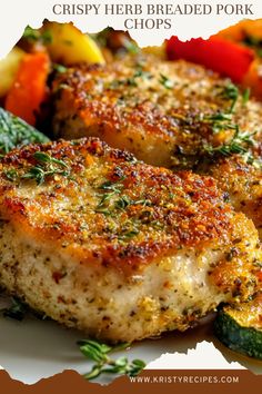 a close up of food on a plate with text overlay that reads crispy herb breaded pork chops