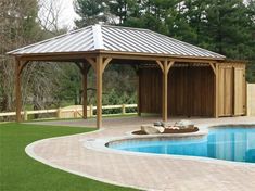 a gazebo sitting next to a swimming pool