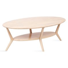 an oval wooden coffee table with two shelves on each side and one shelf below it