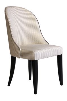 a white chair with black legs and a striped upholstered back rest on a white background