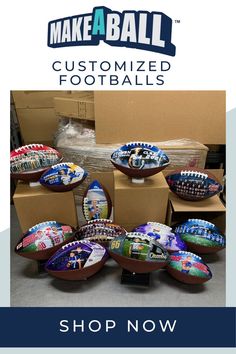 some footballs are on display with the words make - a - ball custom sports gifts