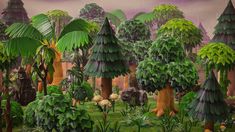 an image of a forest with trees and animals in the middle of it, surrounded by plants