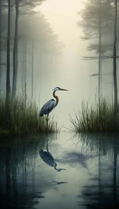 a painting of a bird standing in the middle of a swampy area with tall grass and trees