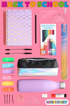 List of items like pens, colouring pencils, highlighters & maths set that are needed for children in secondary school. Also shown are notebooks & top 10 pencil cases that can be bought from our shop with a 3 for 2 promotional code Pencil Case Essentials, Black Pencil Case, Travel Packing Essentials, Kawaii Cups, School Survival Kits, School Products, Essentials Checklist, Study Stuff