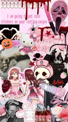 a collage of various items and characters in pink