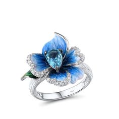 Blue Orchid Flower, Travel Inspired Jewelry, Blue Orchids, Enamel Ring, Enamel Flower, Silver Enamel, Flower Ring, Pendant Set, Handmade Silver