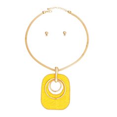 Women's Pendant Necklace Set. Gold Metal Hollow Mesh Chain Necklace with Large Squared Yellow Acrylic Pendant Featuring Quilted Raffia Design and Double Gold Metal Ring Detail. Pendant measures 4.5" x 3.25". Lobster Clasp Closure. Includes Matching Metal Ball Stud Earrings. Yellow Metal Necklace With Adjustable Chain, Yellow Metal Party Necklace, Yellow Metal Chain Jewelry, Necklace Set Gold, Acrylic Pendant, Ball Stud Earrings, Go Pink, Head Chain, Fashion Bottoms