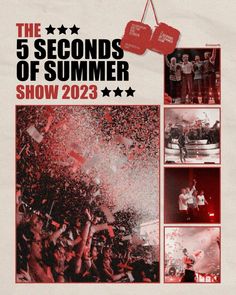 the 5 seconds of summer show poster with red and black images, including two men on stage