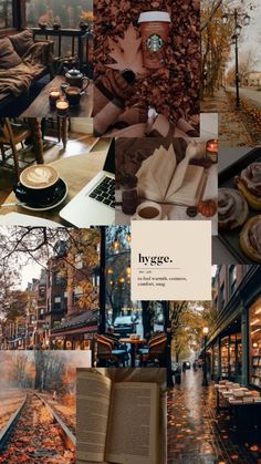 the collage shows many different things that have been taken in this photo, including an open book and coffee