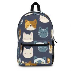 Its time to get ready for heading back to school your child will want to stand out with this Cat Faces Backpack! This backpack is perfect for any child who loves Cats. This backpack is sure to be a one of a kind. Our backpacks are roomy and durable backpack, made from 100% spun polyester and weighs just 1.3 lbs. The backpack is light, strong and long-lasting, water resistant with adjustable shoulder straps.  A total of 4 compartments - 1 main zip pocket, 1 front pocket, bottle pocket on the side and inside compartment for a laptop or tablet. Whether you're shopping for a special gift or just want to provide a comfortable and stylish backpack for a child, this backpack is the perfect choice. Order yours today! **Also look for similar designs on our lunch kits and water bottles** Our backpac Cute Backpack With Cat Design For Back To School, Cute Cat Design Backpack, Cat Design Backpack For Back To School, School Backpack With Cat Design, Student Backpack With Cat Design, Cat Design School Backpack, Cat Design Backpack For End Of School Year, Back To School Bag With Cat Design, Back To School Backpack With Cat Design