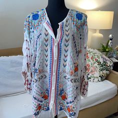 Amazing With Blouse Size Large Very Nice Labrate! Blue Tunic Blouse For Daywear, White Long Sleeve Blouse For Vacation, White Tunic Blouse For Brunch, White Tunic Blouse For Spring, White Tunic Tops For Spring, White Tunic Blouse For Vacation, White Tunic Tops For Daywear, Johnny Was, White Blue