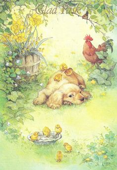 a painting of a dog laying in the grass with chickens and flowers around it, next to a basket full of yellow flowers